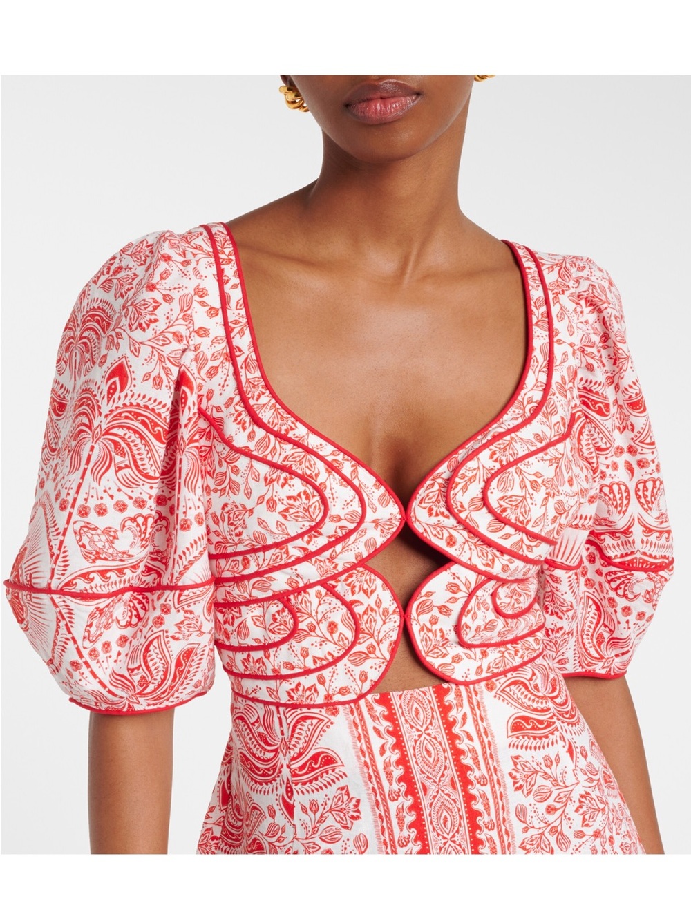 FARM Rio Red and White Paisley Puff-Sleeve Crop Top